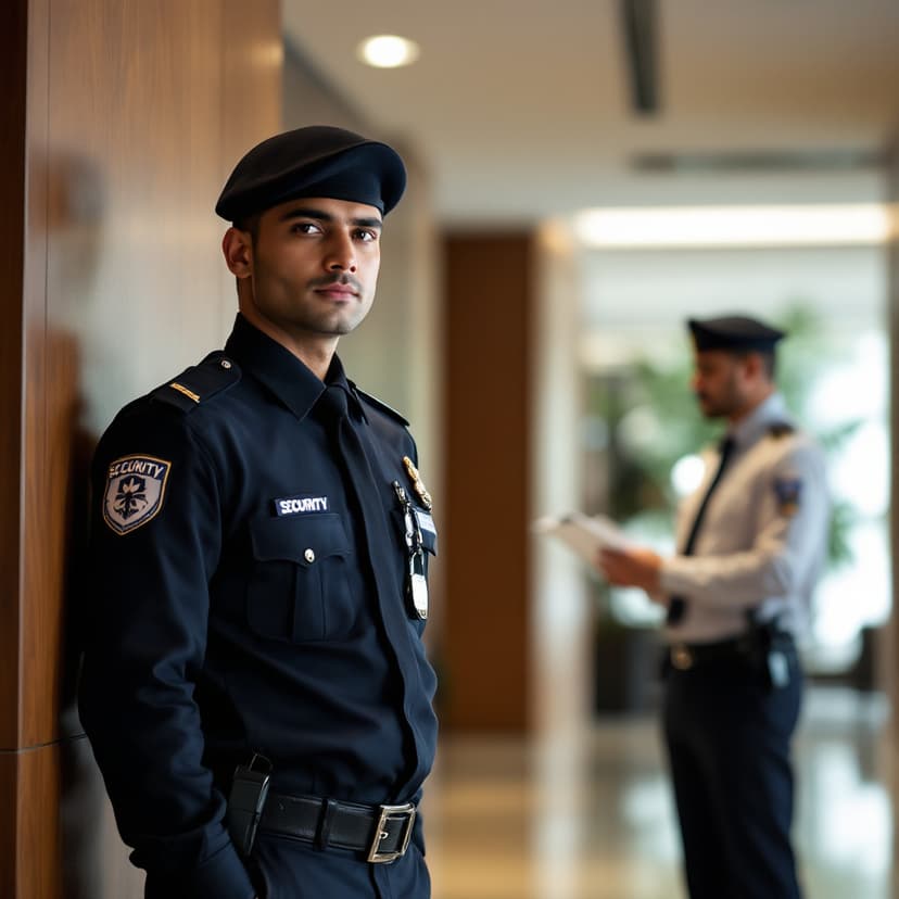 NTR Security guard on duty at Mumbai corporate office lobby with roving supervisor